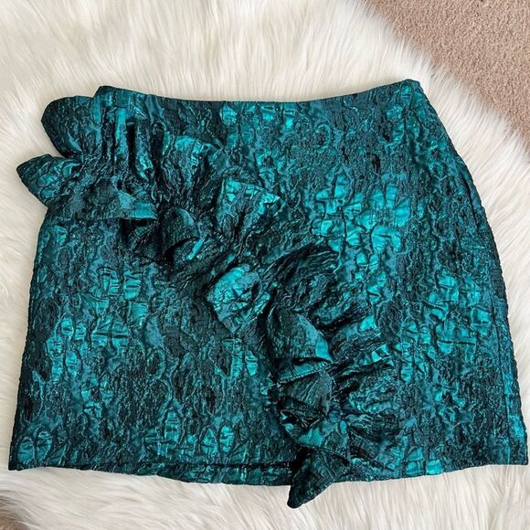 NWT Zara nwt green jacquard skirt Zara Teal Metallic Ruffle Mini Skirt XS - Picture 6 of 16